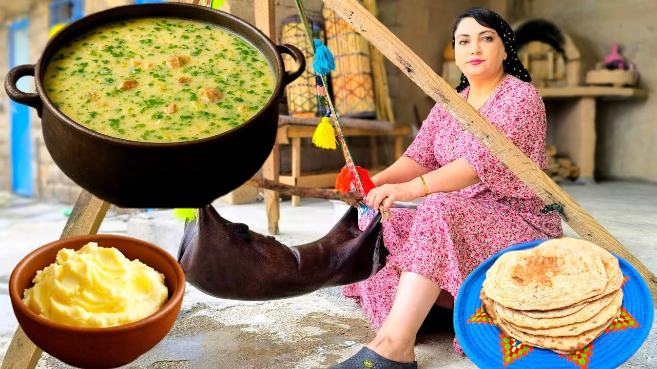 Village life in Iran / Traditional Doogh Soup & Saj Bread 