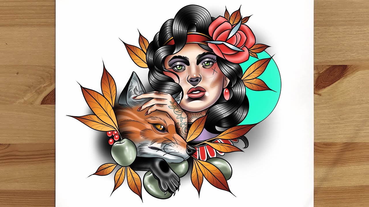 How to Draw a Fox and a Lady Tattoo Style | Procreate Drawing Tutorial | Step by Step