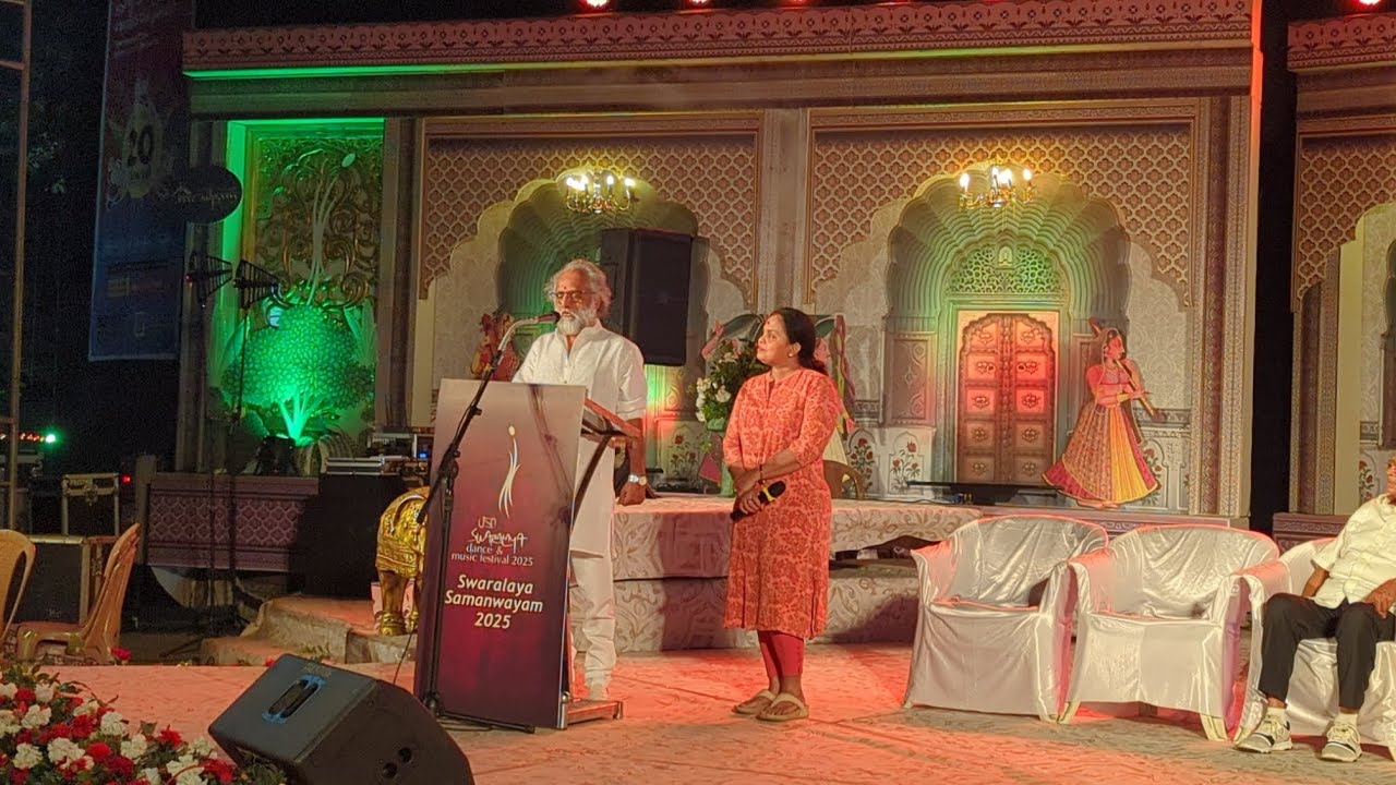 Legendary lyricist Kaithapram Damodaran Namboothiri at the Swaralaya Samanwayam 2025 stage, Palakkad