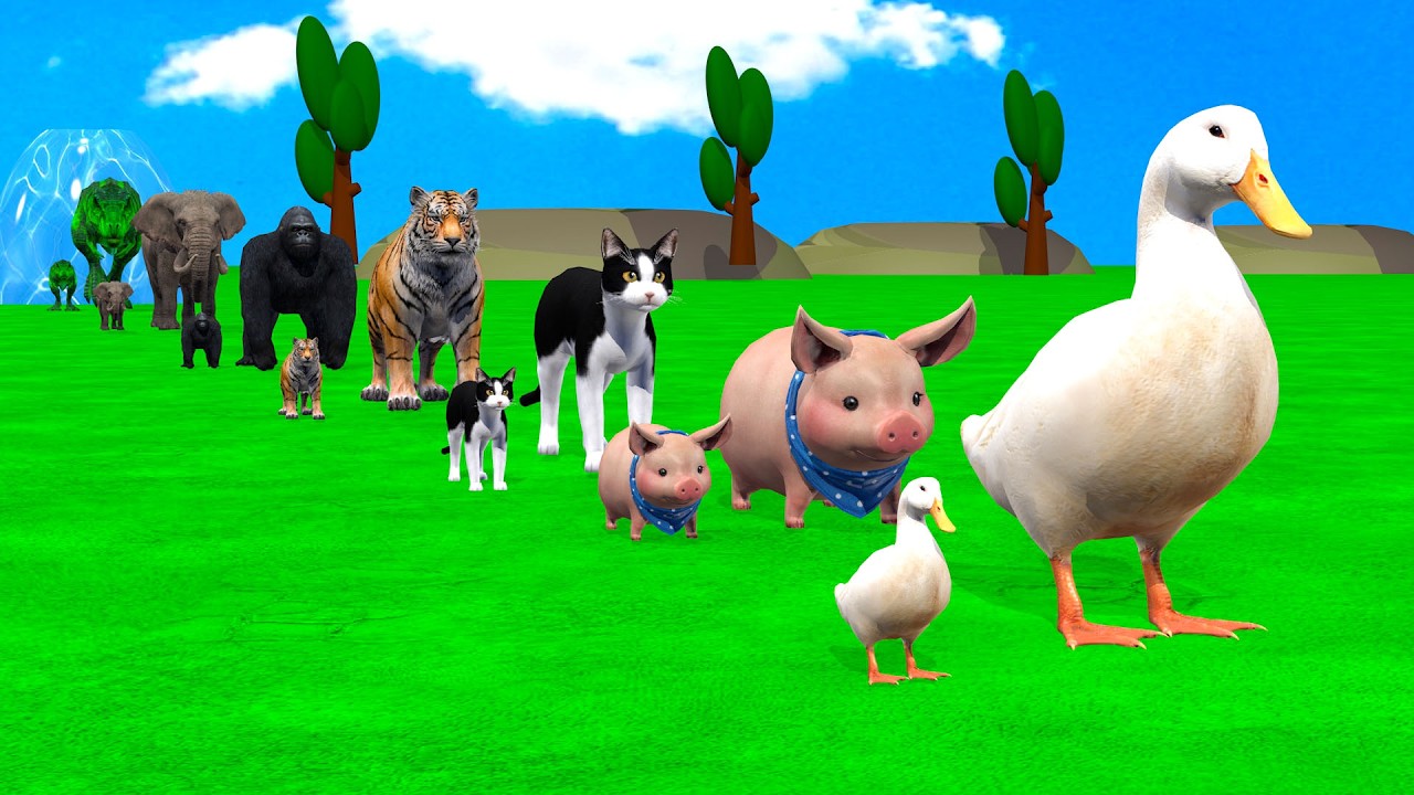 Long Slide Game With Cow Elephant Gorilla Hippopotamus Tiger - 3d Animal Game - Funny 3d Animals