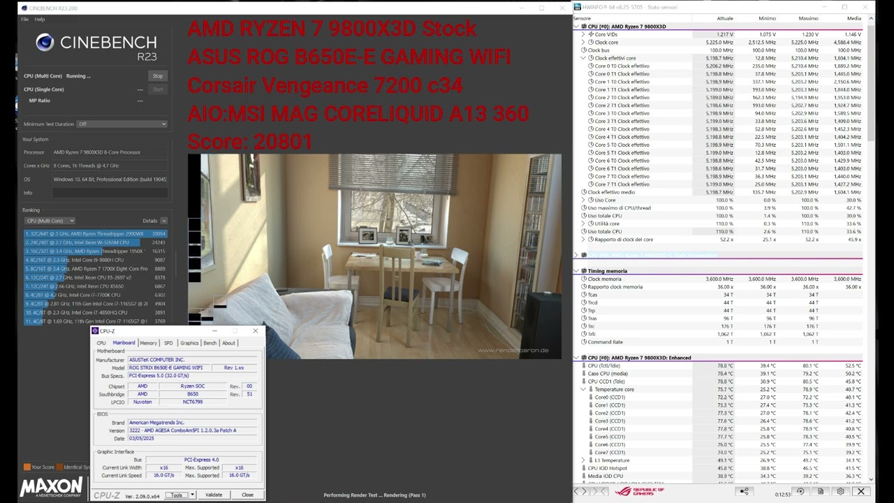 AMD RYZEN 7 9800X3D (stock) vs INTEL14900K (stock), Cinebench R23