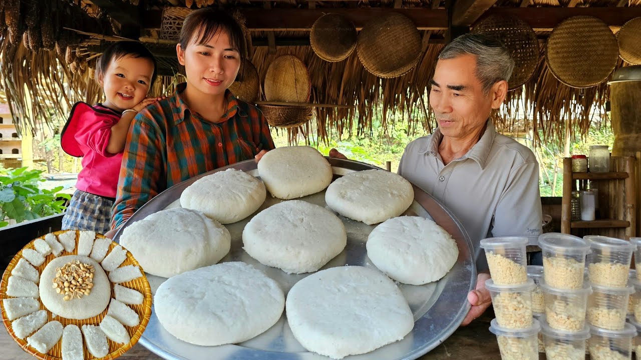 Peaceful day: Making traditional peanut rice to sell - Grandfather taking care of baby goat.