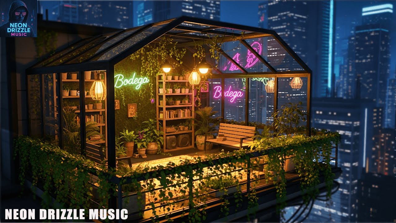 Lo-fi Rain | Cozy Rhythms in a Rooftop Neon Garden | Relaxing Music for Sleep and Stress Relief