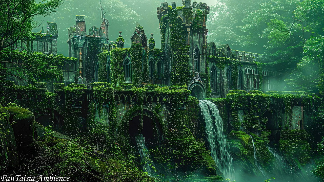 Celtic Melodies of Spring: Serene Castle and Waterfall in the Lush Forest
