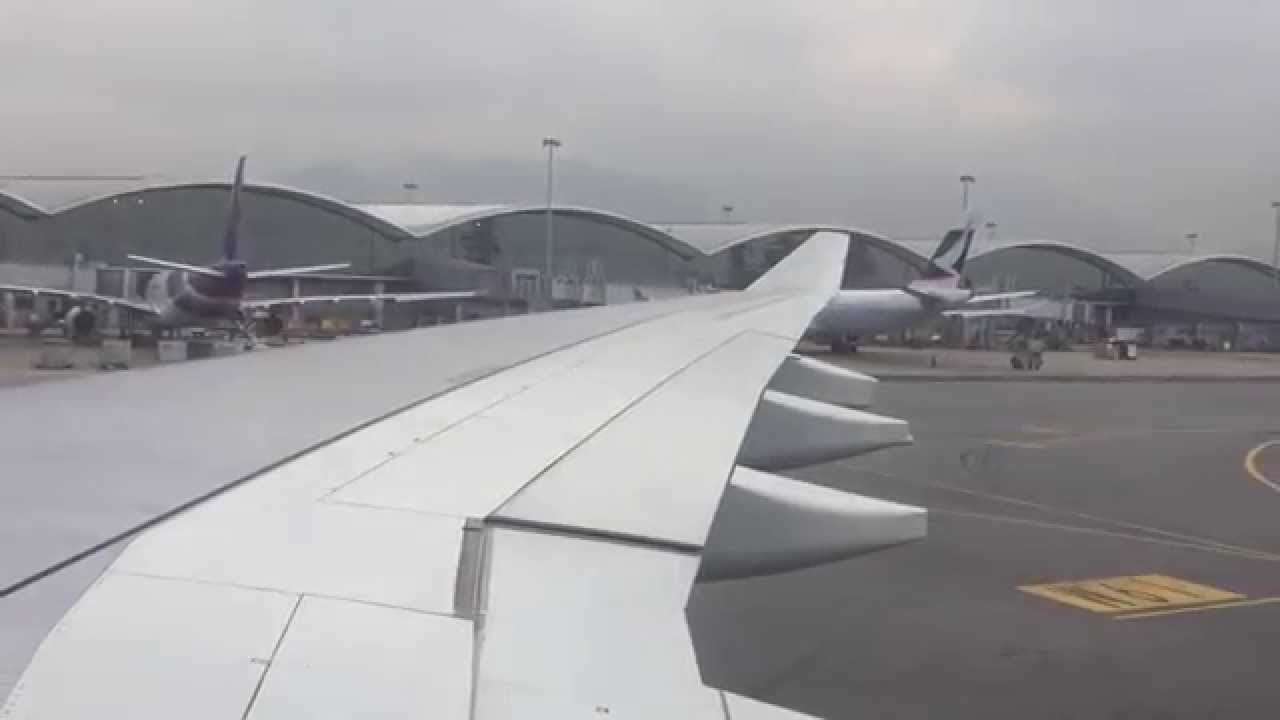 Cathay Pacific CX635 Airbus A330-300 cloudy pushback/taxi/takeoff from Hong Kong Intl Airport