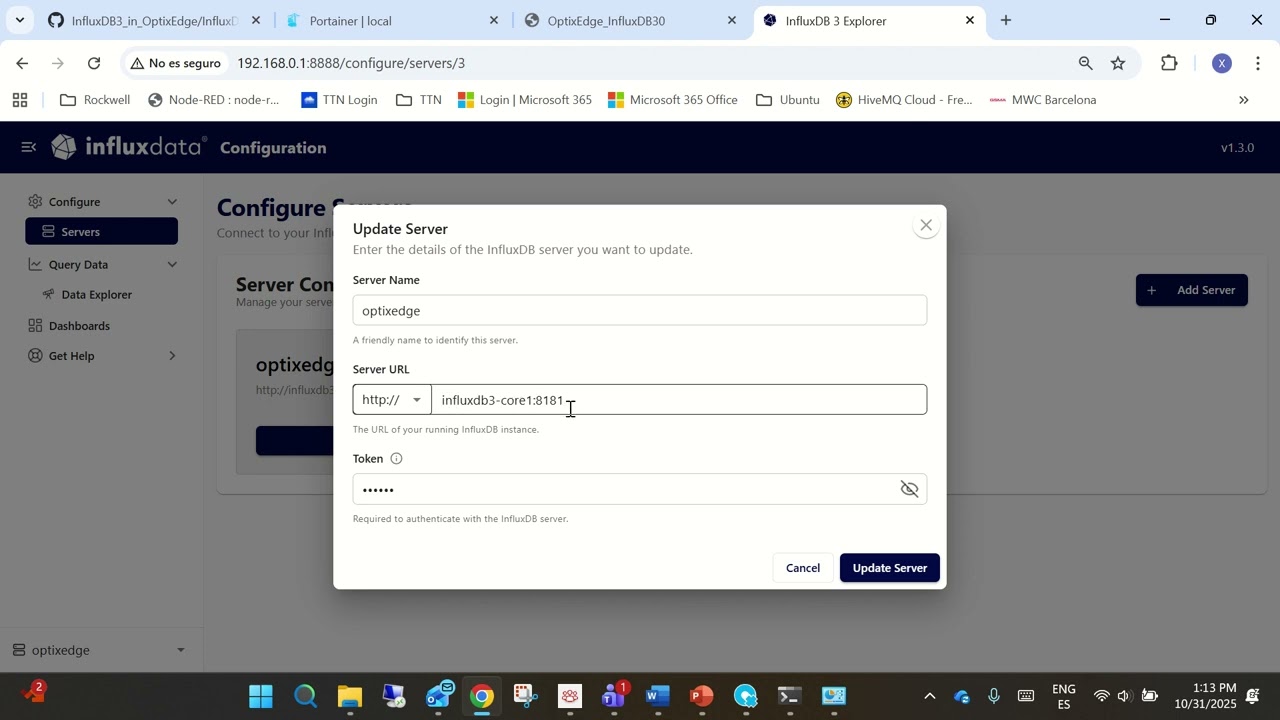 InfluxDB version 3 deployed in OptixEdge thru Docker and Portainer