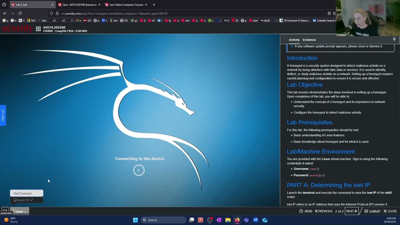 UCertify labs: Windows firewall inbound rule set up and honeypot setup in Kali Linux