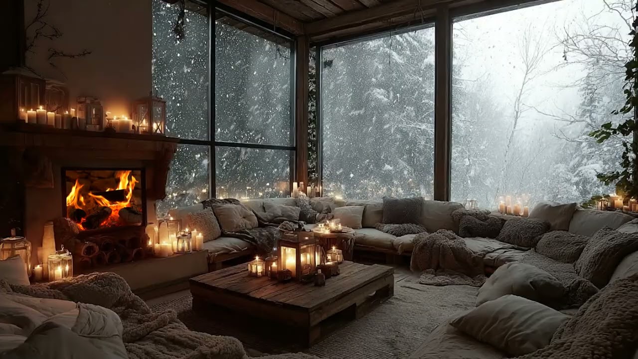 Peaceful Winter Fireplace ❄️ Snow Falling & Calm Piano for Sleep & Study