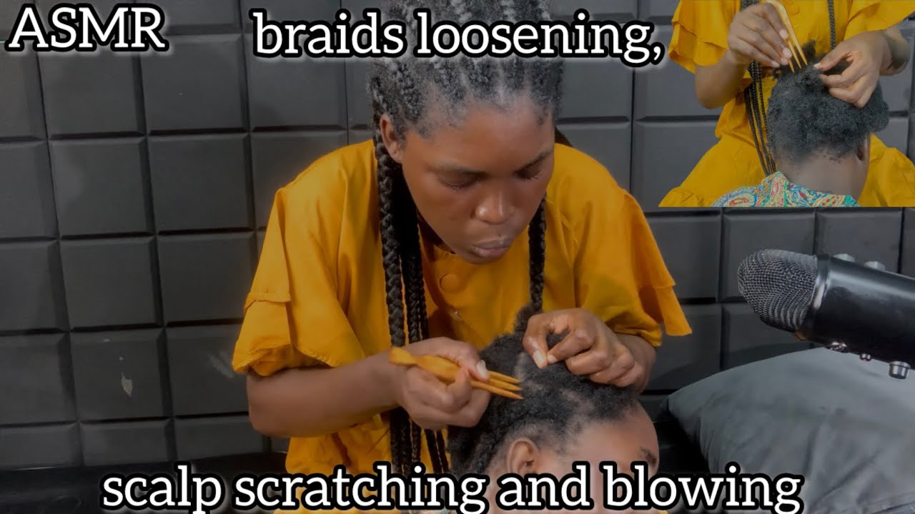 ASMR | Braids loosening,scalp scratching and blowing with relaxing sounds for good sleep 