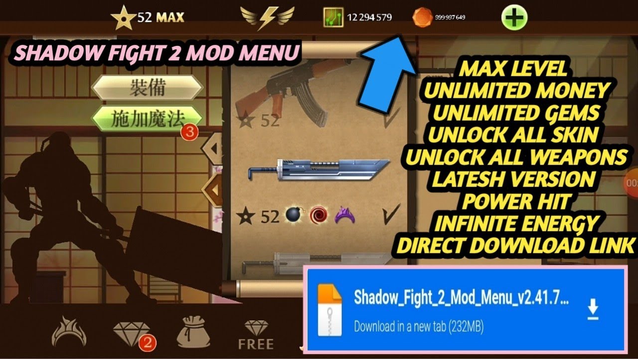 Shadow Fight 2 Mod Apk/52 Max Level/Unlimited Money And Gems/All weapon unlocked/VIP Mod