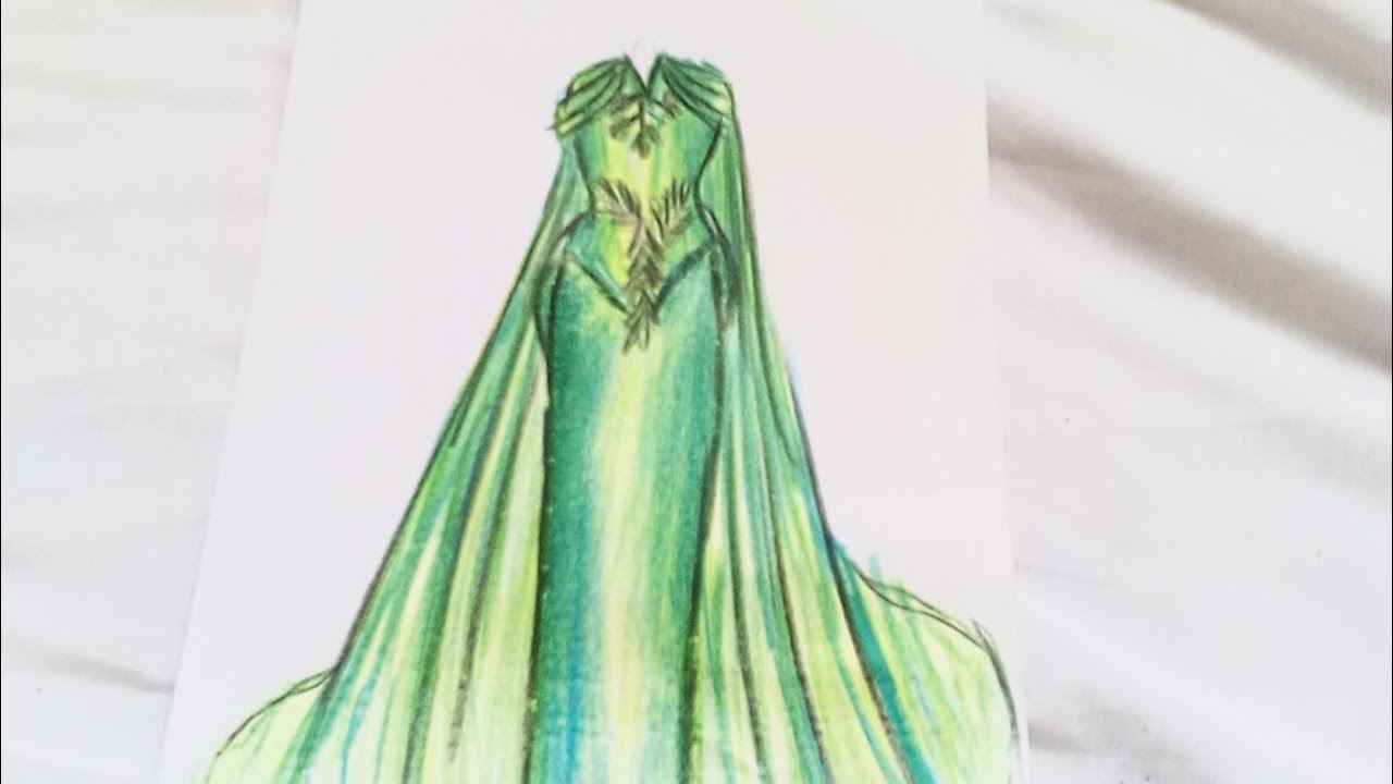 رسم فستان طويل بلون لاخضر 