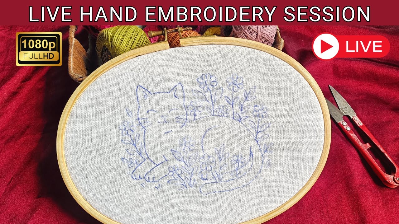 Live Hand Embroidery Part 3 | Stitch a beautiful Cat 🐈 With Me in Real Time 🪡🌸