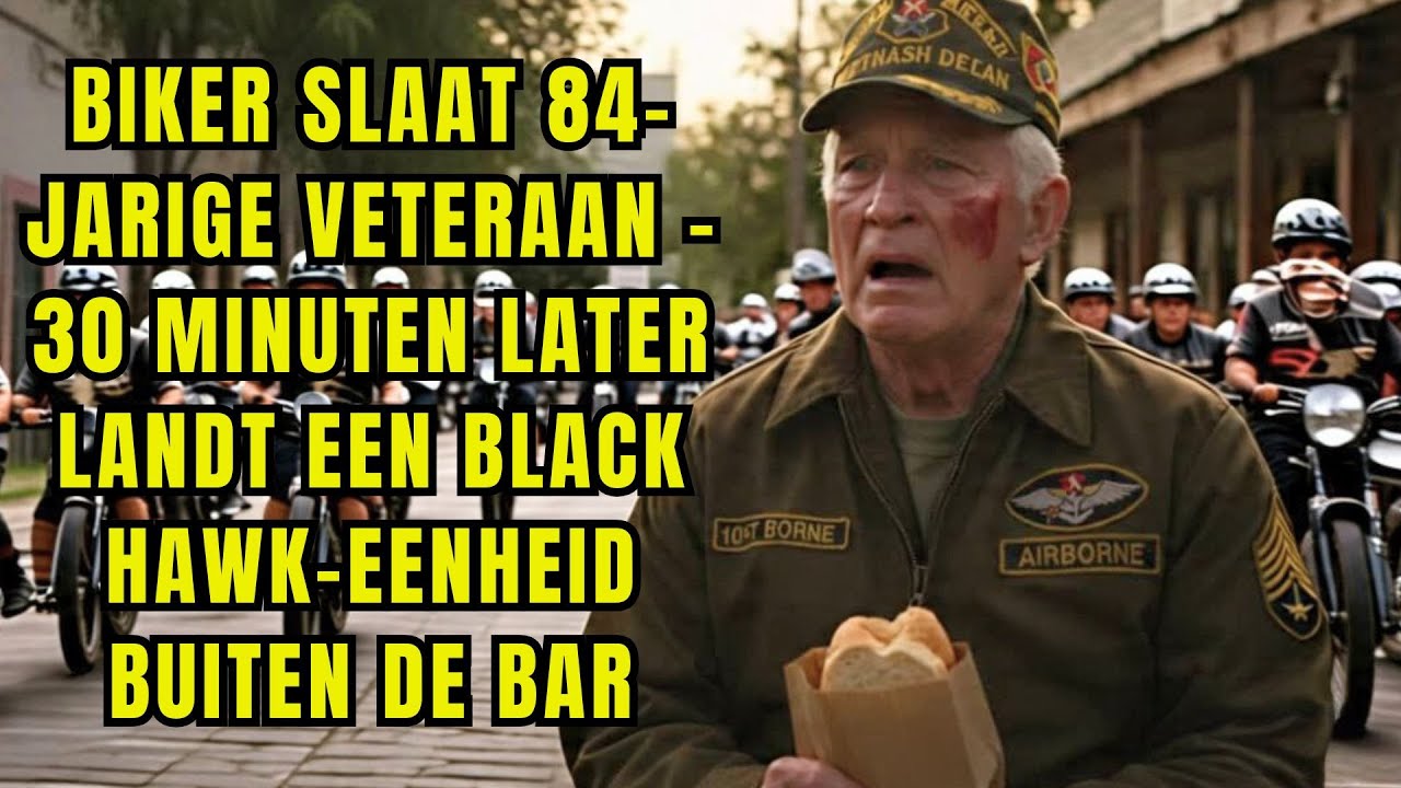 Motorrijder duwt 84-jarige veteraan – 30 minuten later landt een Black Hawk-eenheid voor de bar