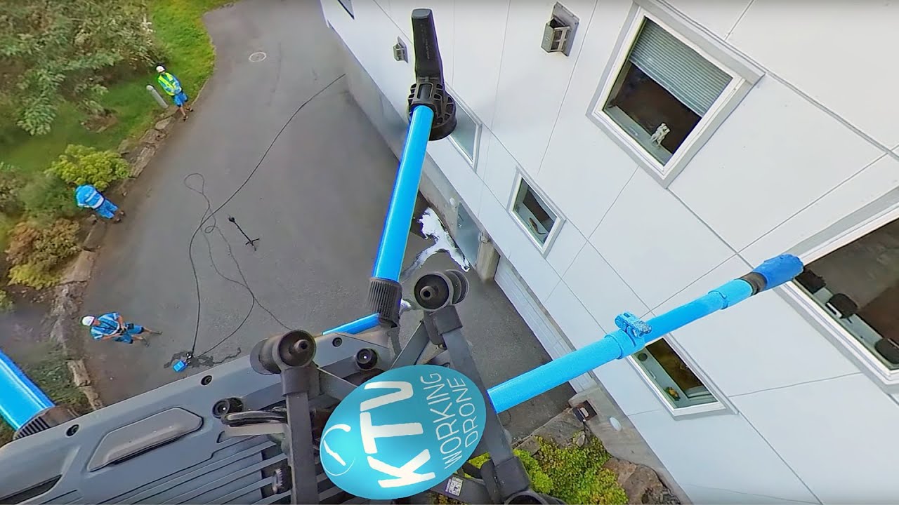 KTV Working Drone. Facade cleaning 360 view from on top of drone