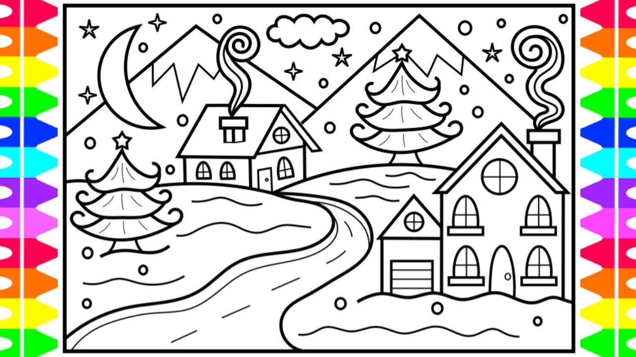 How to Draw Winter Season Scenery ❄️Winter Scenery Drawing and Coloring Page