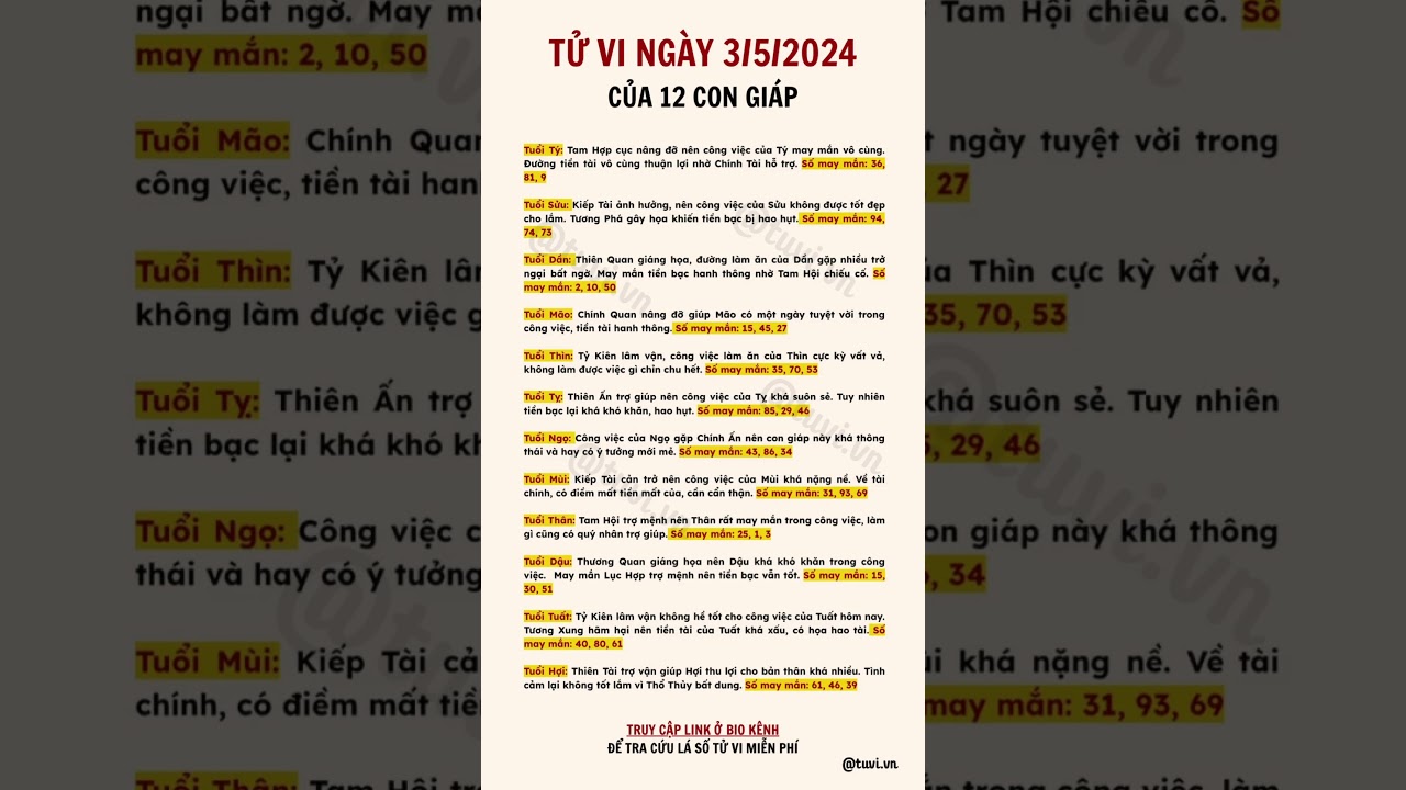 Tử vi ng&agrave;y 3/5 #tuvivn #tuvivietnam #phongthuy #tamlinh #tuvi2024 #tuvingaymoi #tuvi12congiap