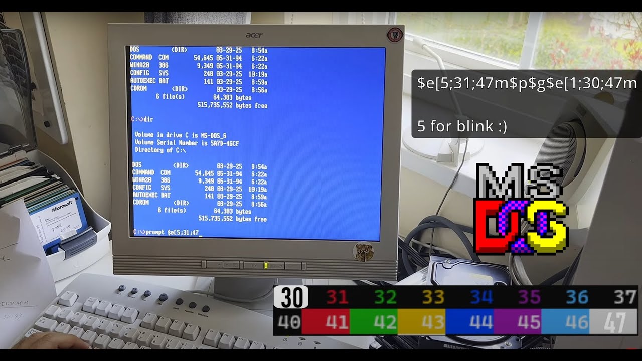 (Remastered) MSDOS SHOWS COLORS - customize DOS 6.22 prompt and background colors