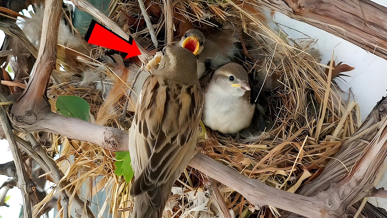 House Sparrow bird Caring for Its Hungry Chicks Inside the Nest!