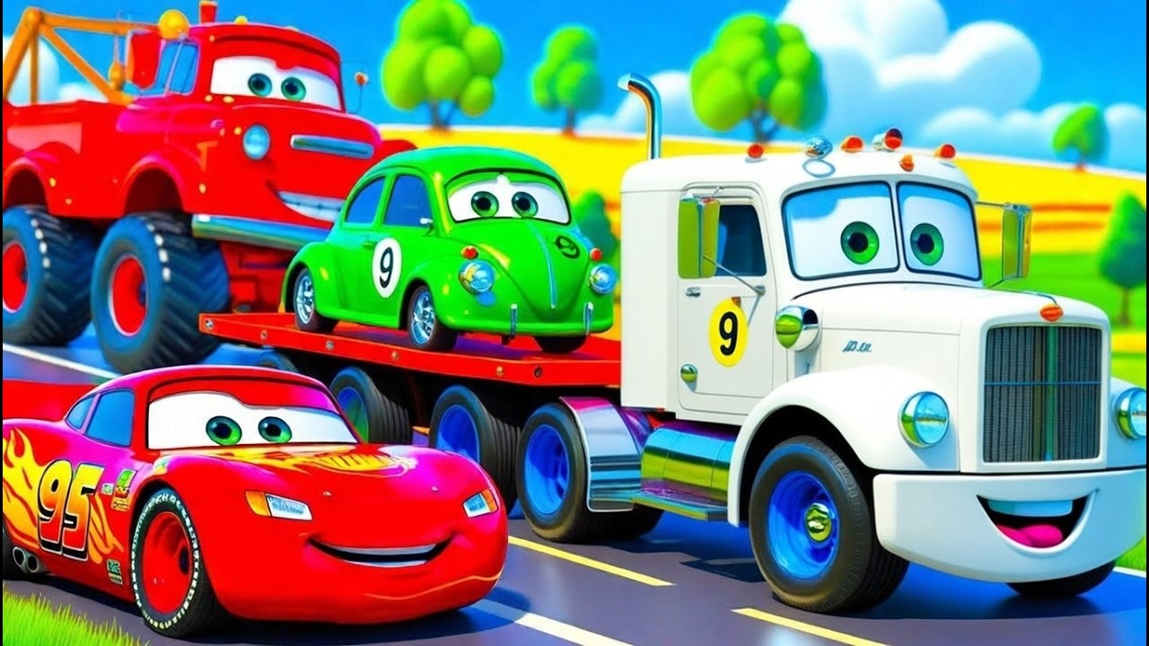 TRANSPORTING PIXAR CARS & FRUITS WITH COLORED & JOHN DEERE vs CLAAS vs TRACTORS - BeamNG.drive