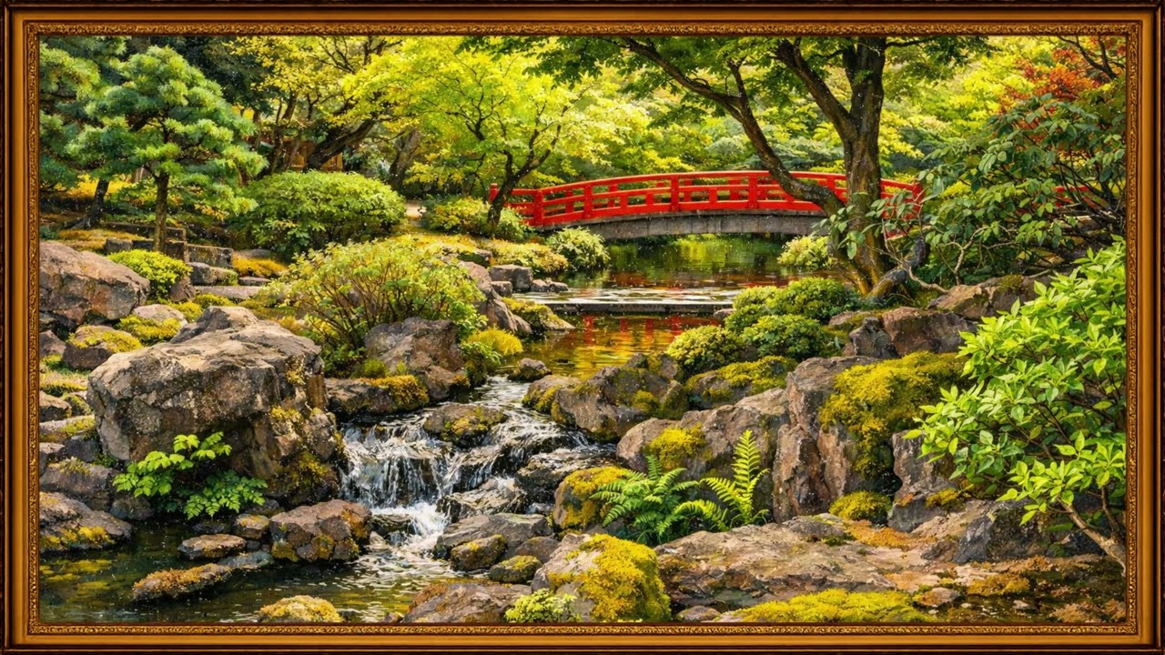 Peaceful Japanese Garden Bridge | Relaxing Nature Scenery & Flowing Stream | 4K Framed TV