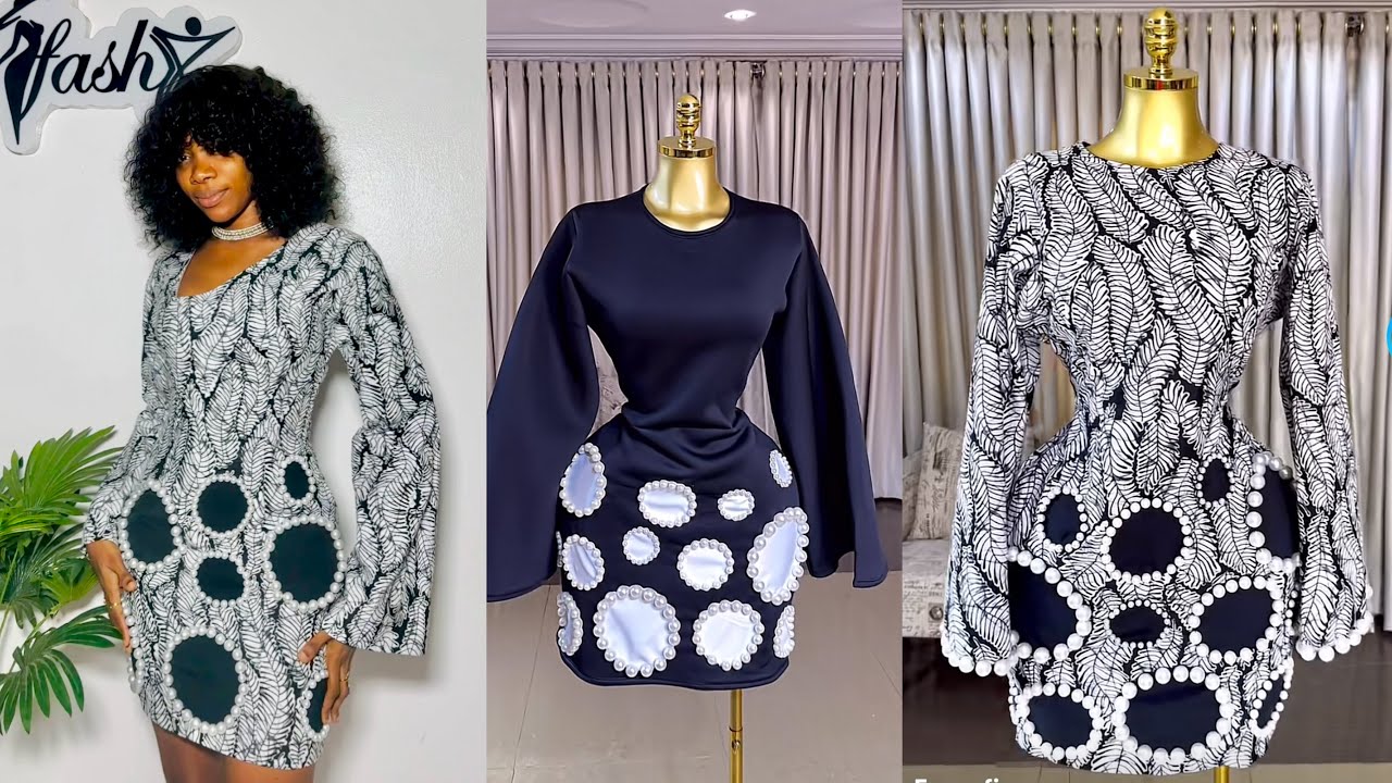 How to Cut and Sew Simple Short Gown with Bell Sleeve and Pearl Design