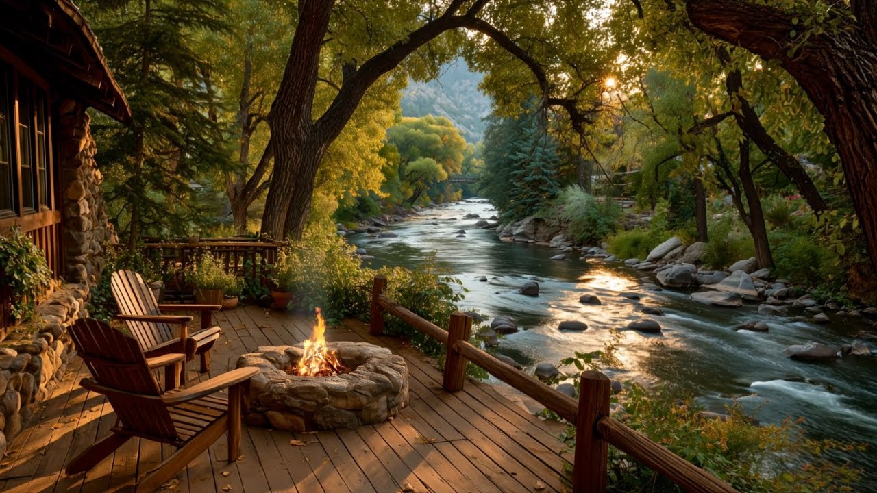 Forest Summer Morning Riverside Porch Ambience | Campfire & Birds Sounds for Study, Relaxing