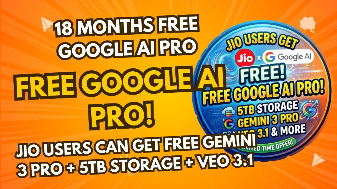Пользователи Jio получают БЕСПЛАТНО Google AI Pro! 5 ТБ хранилища, Gemini 3 Pro, Veo 3.1 и многое...