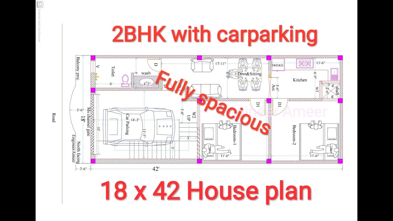 18x42 House plan 2BHK with car parking II 18x42 ghar ka naksha II 18*42 home design I 18x42 का नक्शा