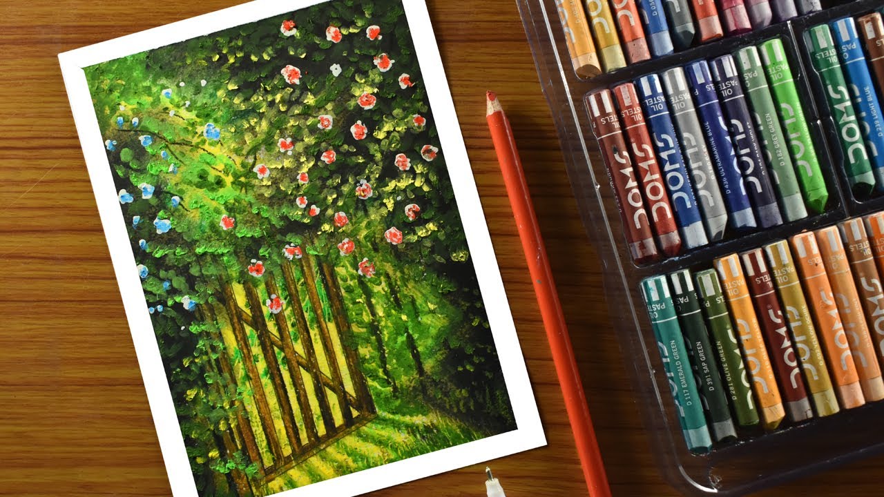 Oil Pastel Drawing_ flower gate scenery_ how to draw flower bushes with Oil Pastel_ step by step