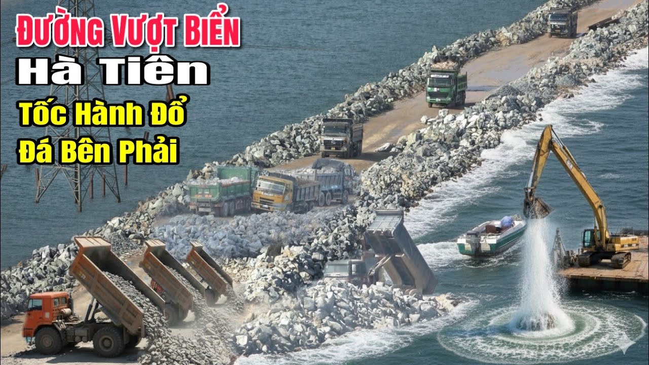 Đường Vượt Biển Hà Tiên-Các Xe Cuốc Làm Việc Sôi Nổi Nâng Thêm Chiều Rộng