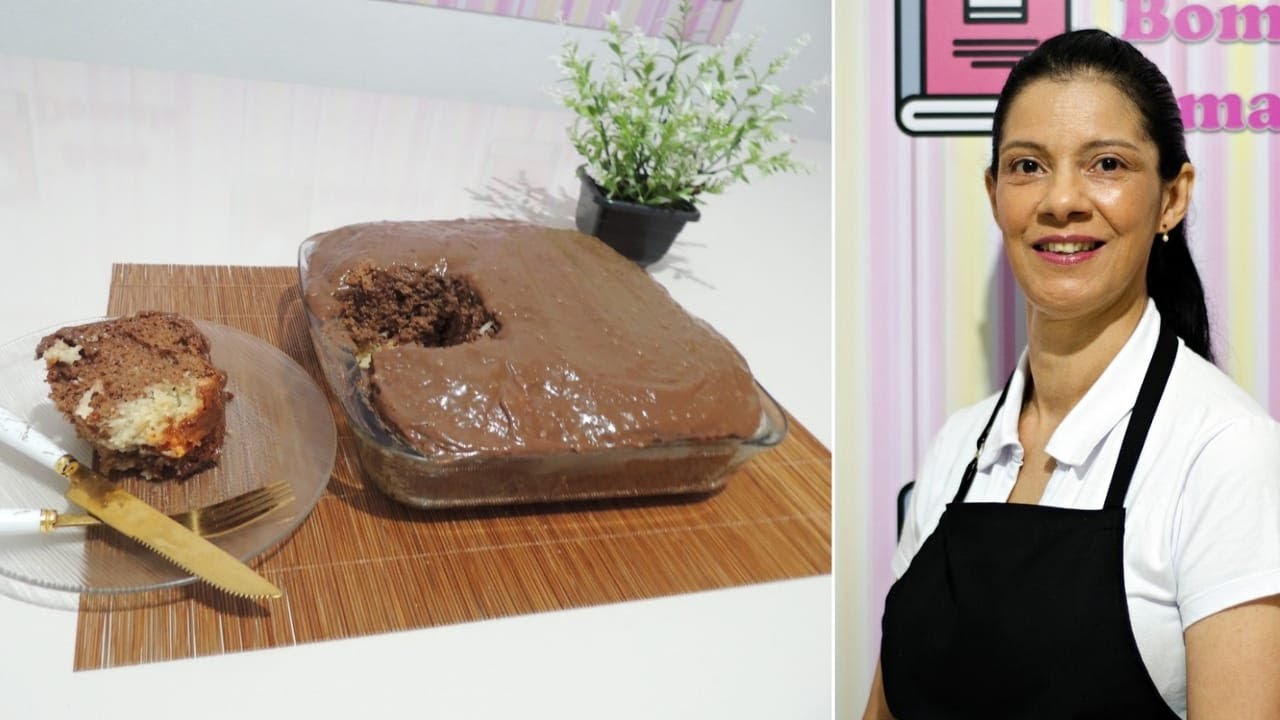 Bolo fofinho de prestígio que já sai recheado do forno!