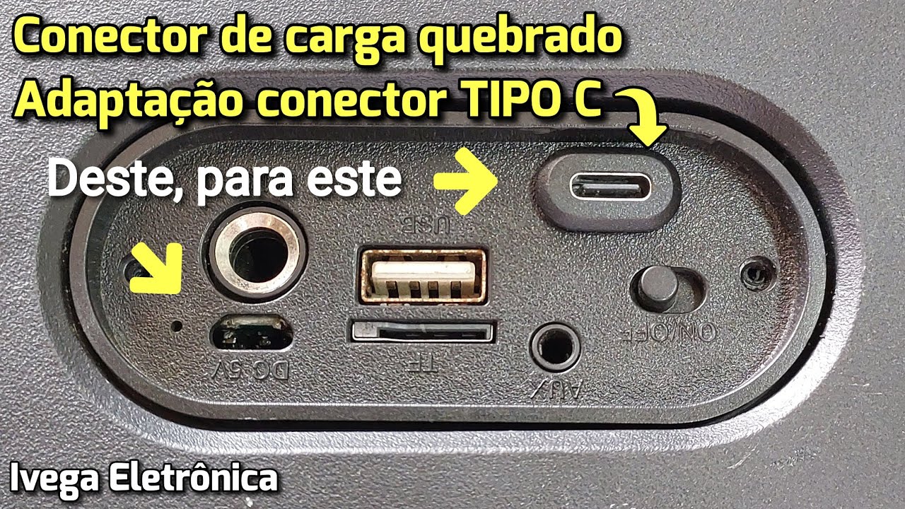 Conector de carga quebrado, adaptando conector Tipo-C, mais prático.