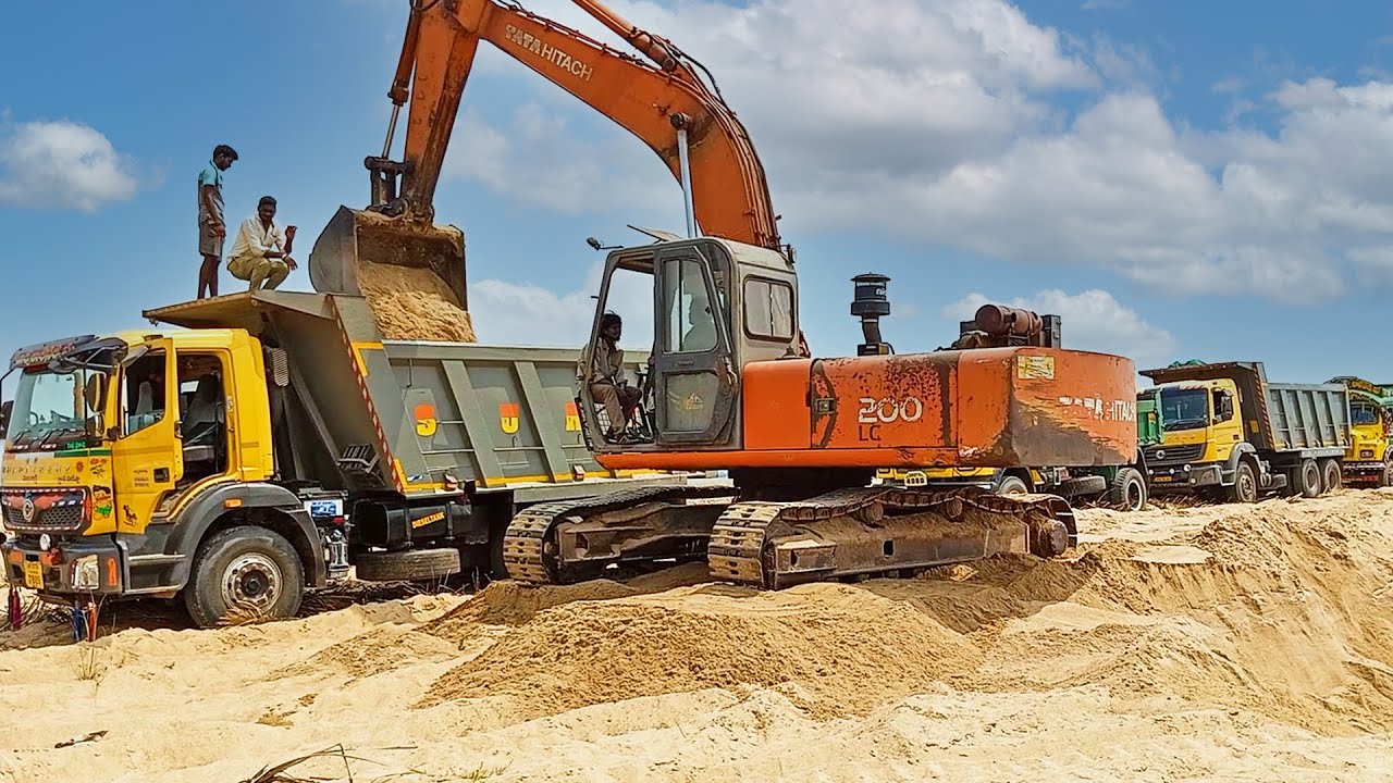 Giant Dump Truck Loading Sand with TATA HITACHI LC200 video | Lorry videos | Truck videos