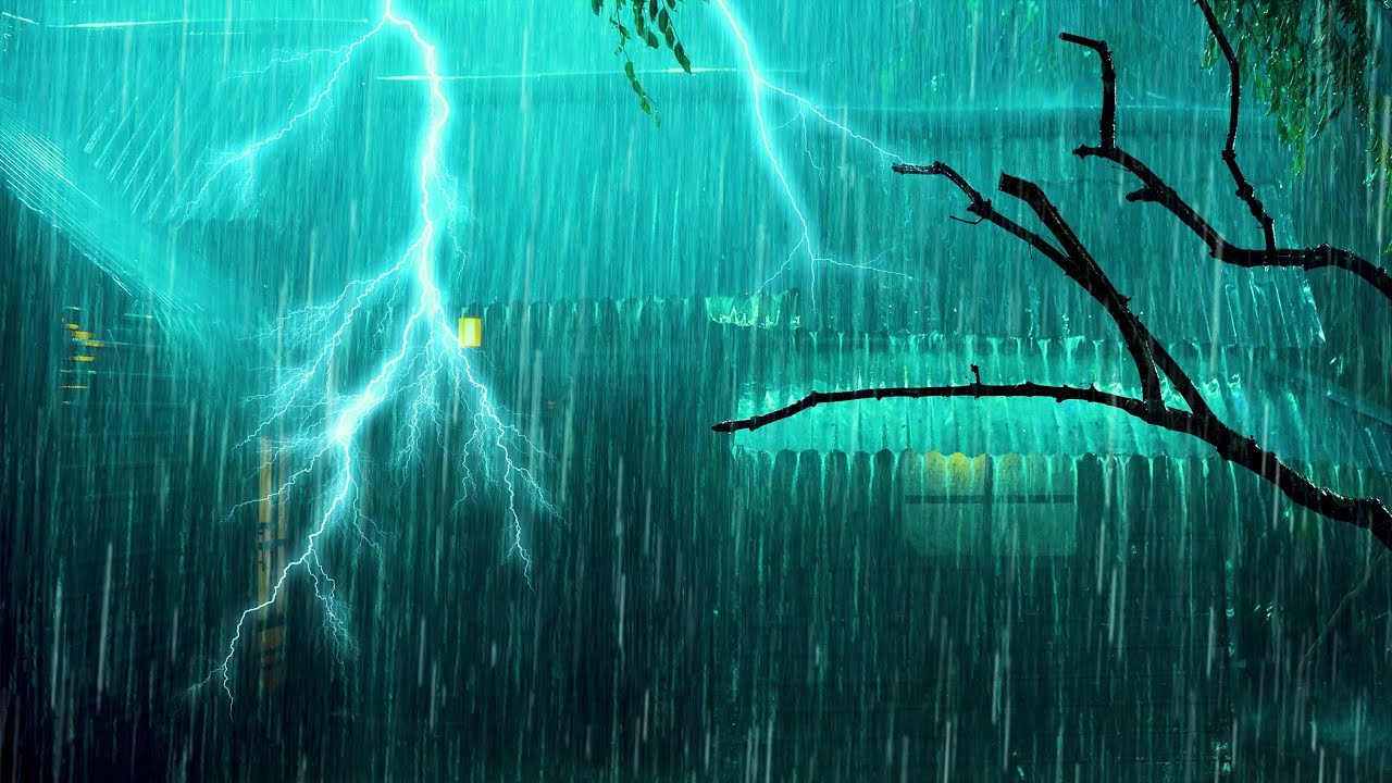 Get Over Insomnia with Heavy Rain & Strong Thunder Sounds Pierces a Tin Roof of Forest Farm at Night