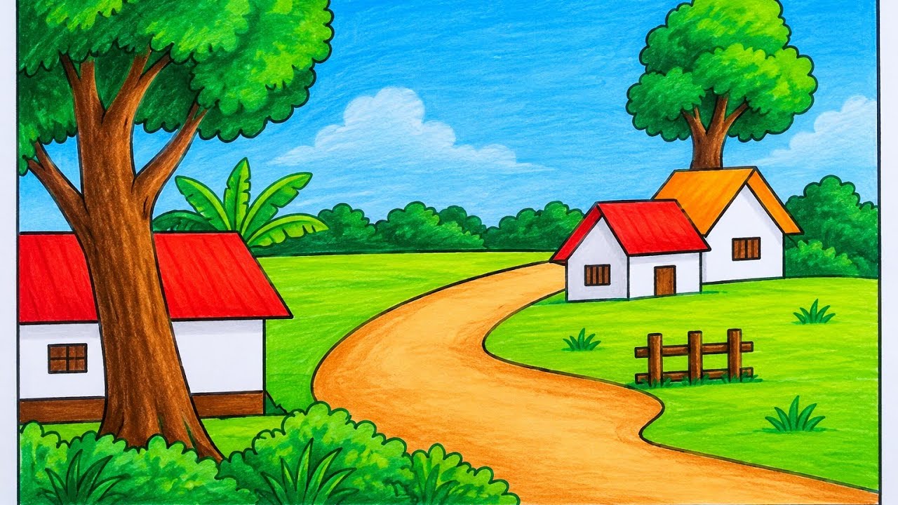 Beautiful village scenery drawing with pencil colour #drawing #trending #art #viralvide