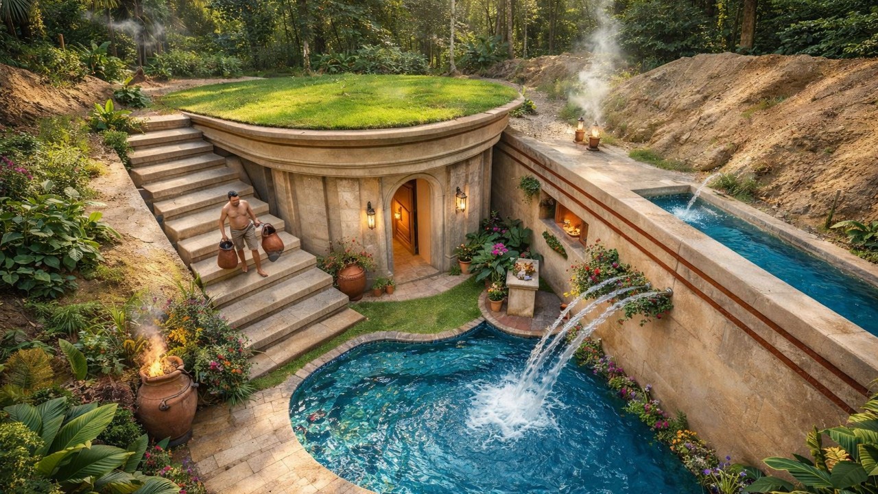 100 Days Building a Hidden Underground Modern House with Grass Roof and Secret Pool
