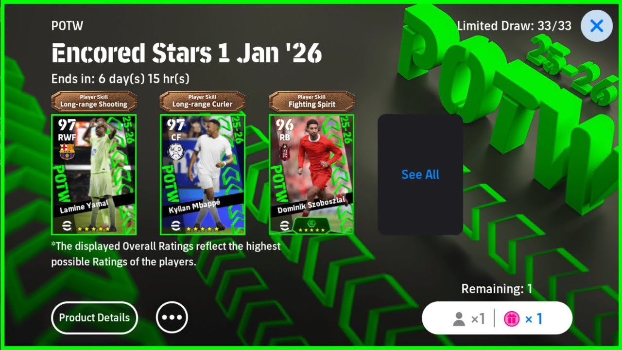POTW Encored Stars 1 Jan '26 Free Spin Pack Opening (eFootball 2026 Mobile) 