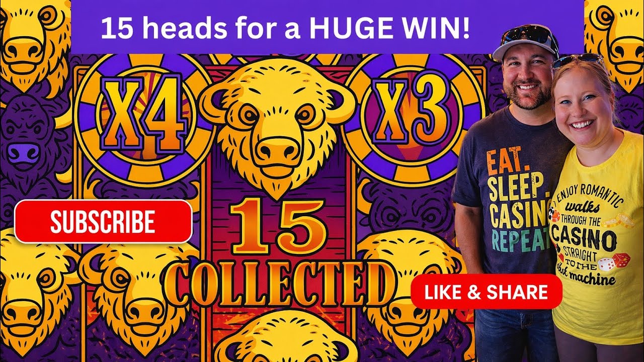 15 GOLD HEADS!!! HUGE JACKPOT!!! 85 free games Buffalo Gold Slot Machine on $3.75 bet!!