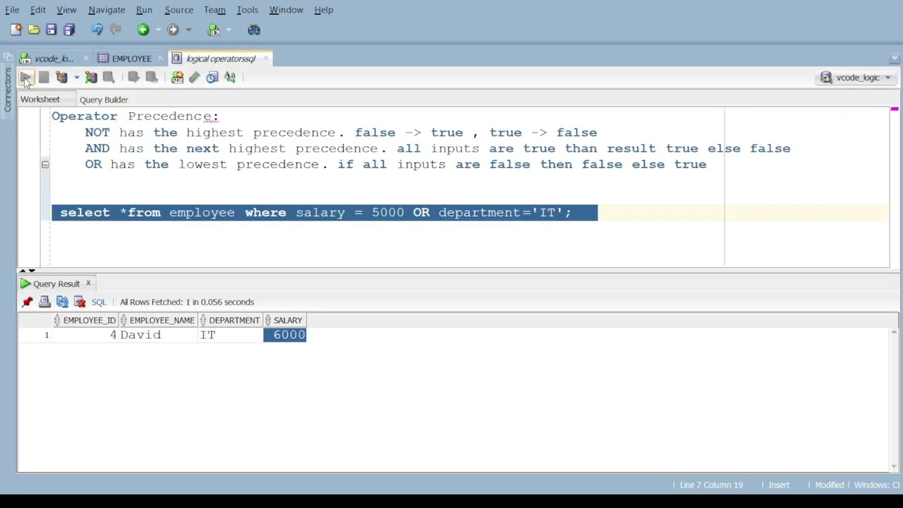 Oracle Logical operators | Oracle AND , NOT , OR logical operators
