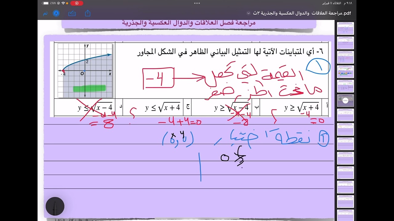 تدريبات فصل العلاقات والدوال العكسية والجذرية