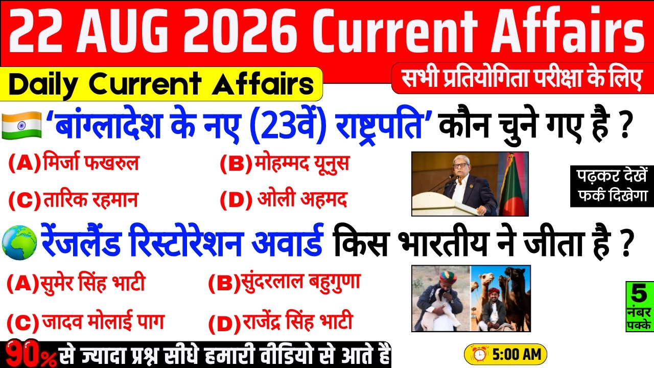 22 August 2026 Current Affairs | Important Current Affairs 2026 | ssc cgl, railway group d, bpsc