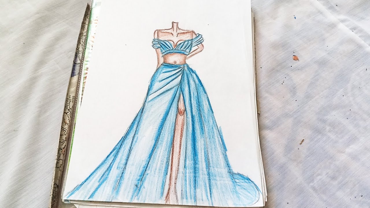 رسم فستان بلون لازرق 