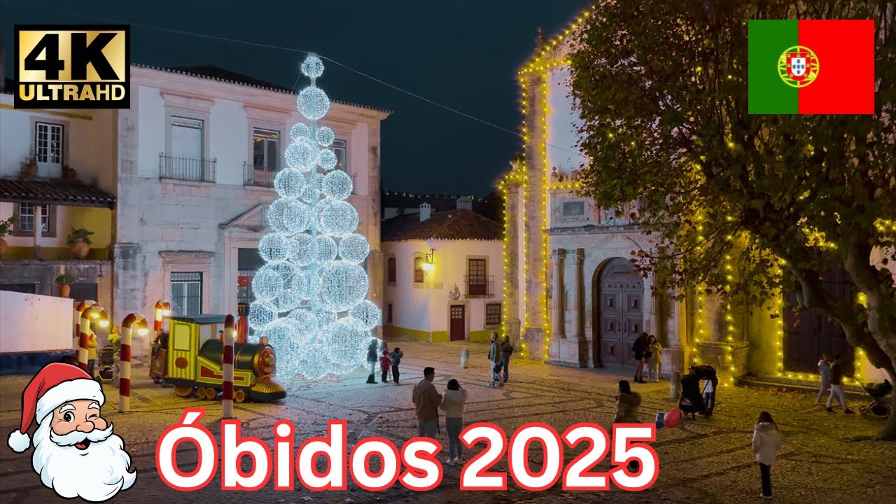 Iluminação de Óbidos Vila Natal 2025, Portugal 🇵🇹 4K com imagens aéreas.