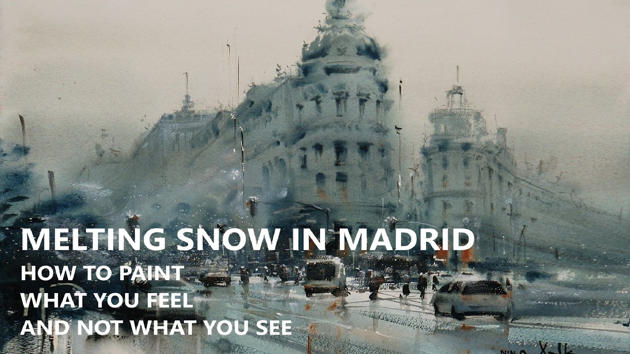 LOOSE WATERCOLOR PAINTING ATMOSPHERIC WINTER STREET MADRID