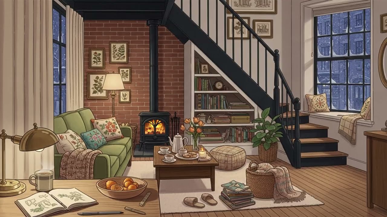 Peaceful 1950s snowy jazz night with Oldies Playing in Another Room