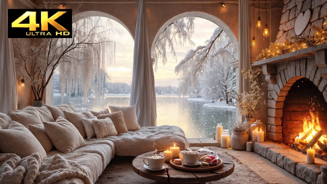 Winter Cabin Sanctuary 4K ❄️ Crackling Fireplace, Gentle Snowfall & Cozy Hygge Ambience