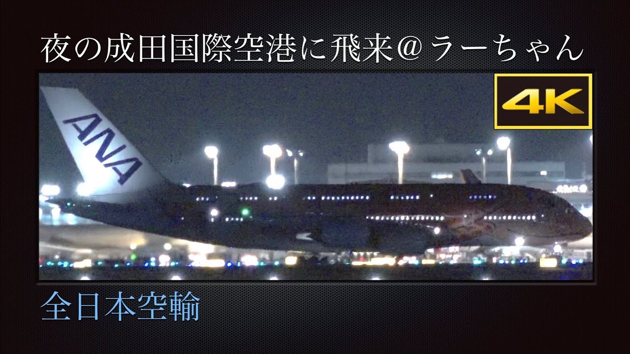 4K 全日本空輸(ANA)  ホノルル→成田線(NH181便)  中々見られない、01時間36分の遅延で夜の成田国際空港に帰ってきたラーちゃん  Airbus A380-841  JA383A