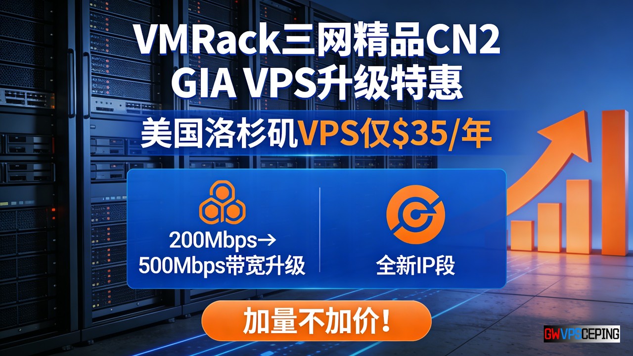VMRack三网精品CN2 GIA VPS升级特惠，美国洛杉矶VPS仅$35/年，200Mbps升级至500Mbps带宽&全新IP段，加量不加价！