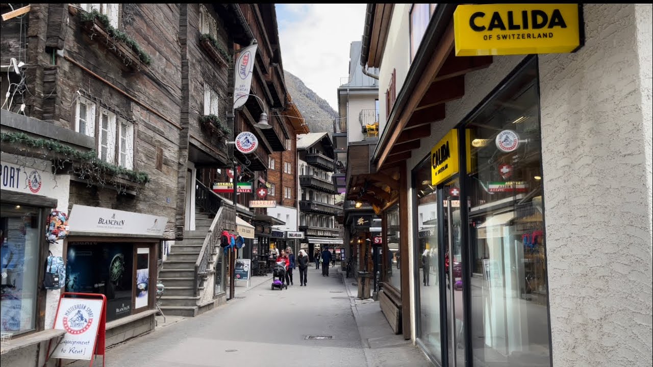 Walking around Zermatt, Switzerland. From Hotel Bristol to the Train Station
