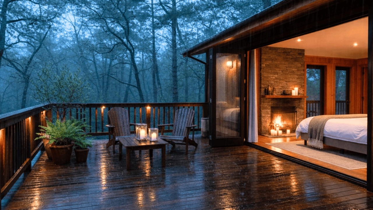 Steady Rainstorm at the Forest Cabin | Warm Firelight | 8H Sleep Ambience